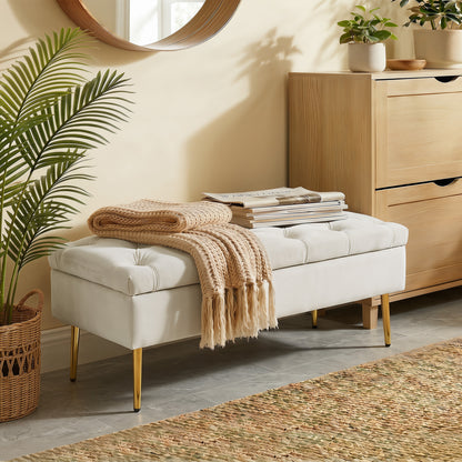Upholstered Bedroom Bench with Gold Tone Metal Legs, Velvet Tufted and Thick Padding, Beige