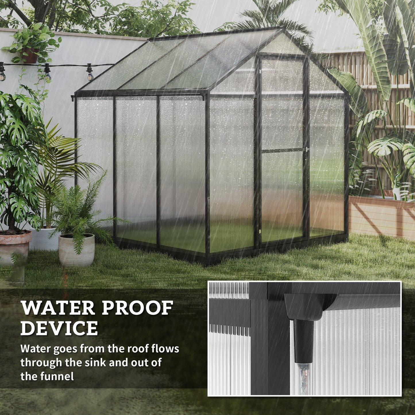 6' x 8' x 6.4' Polycarbonate Greenhouse, Aluminum Walk-In Green House Kit Garden, Plants Grow with Rain Gutter and Roof 