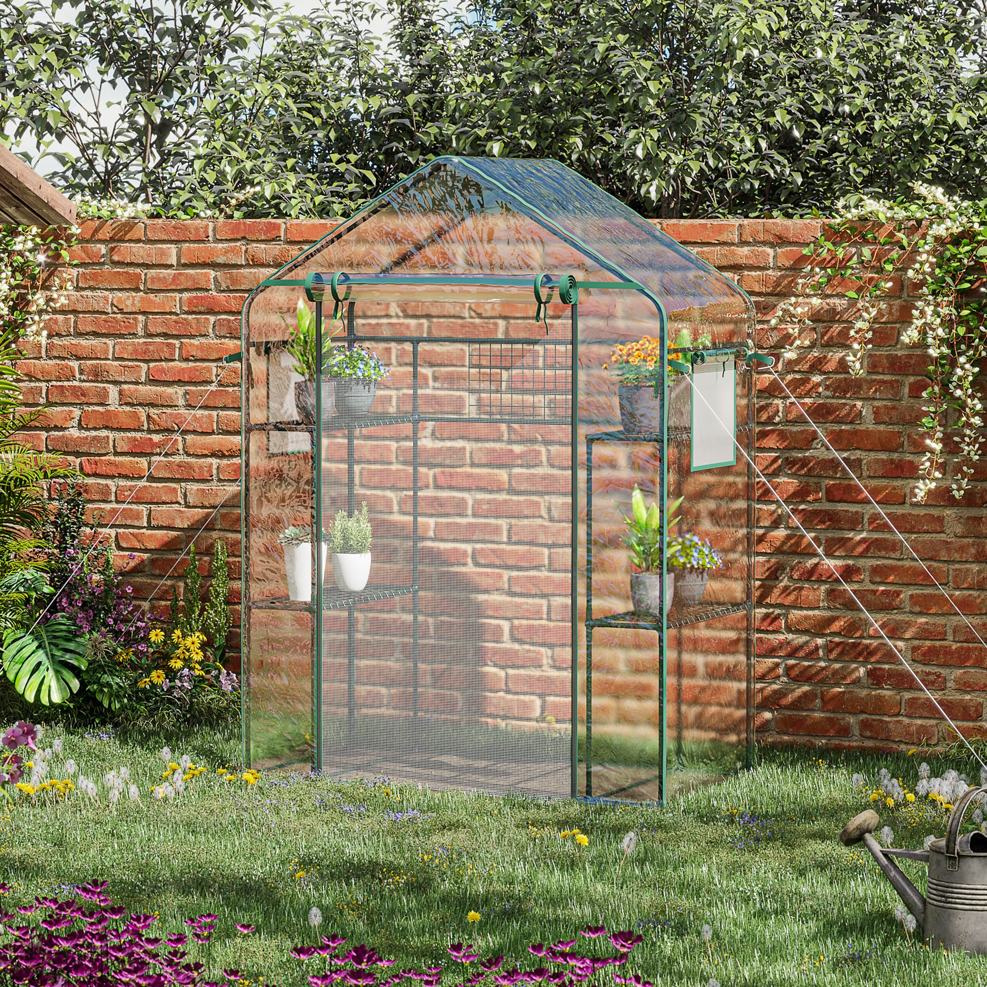 Walk-in Greenhouse with 4 Shelves, 56" x 29" x 77" Mini Greenhouse ,Roll-Up Door, Mesh Windows for Seedling, Flowers, Pl