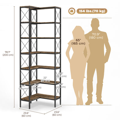 6-Tier L-Shaped Bookshelf, Freestanding Corner Bookcase with Metal Frame, Rustic Brown