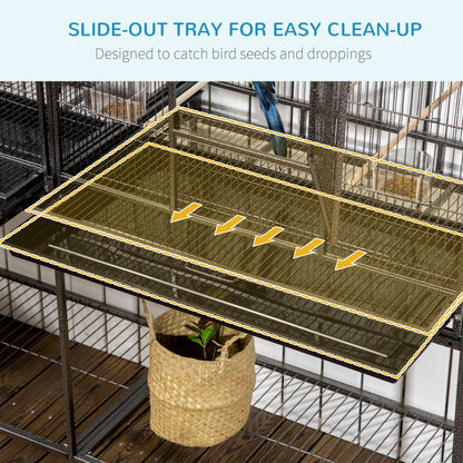 64" Extra Large Bird Cage, Rolling Metal Parrot Cage, Bird House with Detachable Rolling Stand, Storage Shelf, Wood Perc