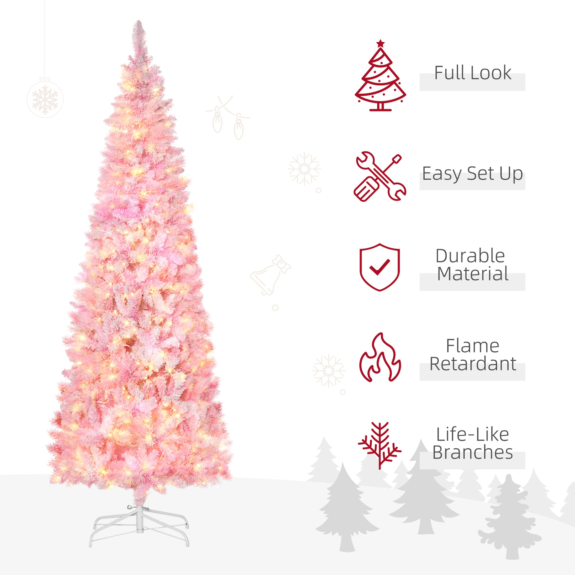 7.5 Foot Prelit Snow Flocked Artificial Christmas Tree with Pencil Shape, 700 Pine Realistic Branches, Warm White LED li