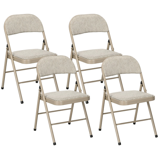Set of 4 Metal Foldable Chairs, Linen Fabric Padded Folding Chairs with Cushion Seat and Open Back for Indoor, Beige