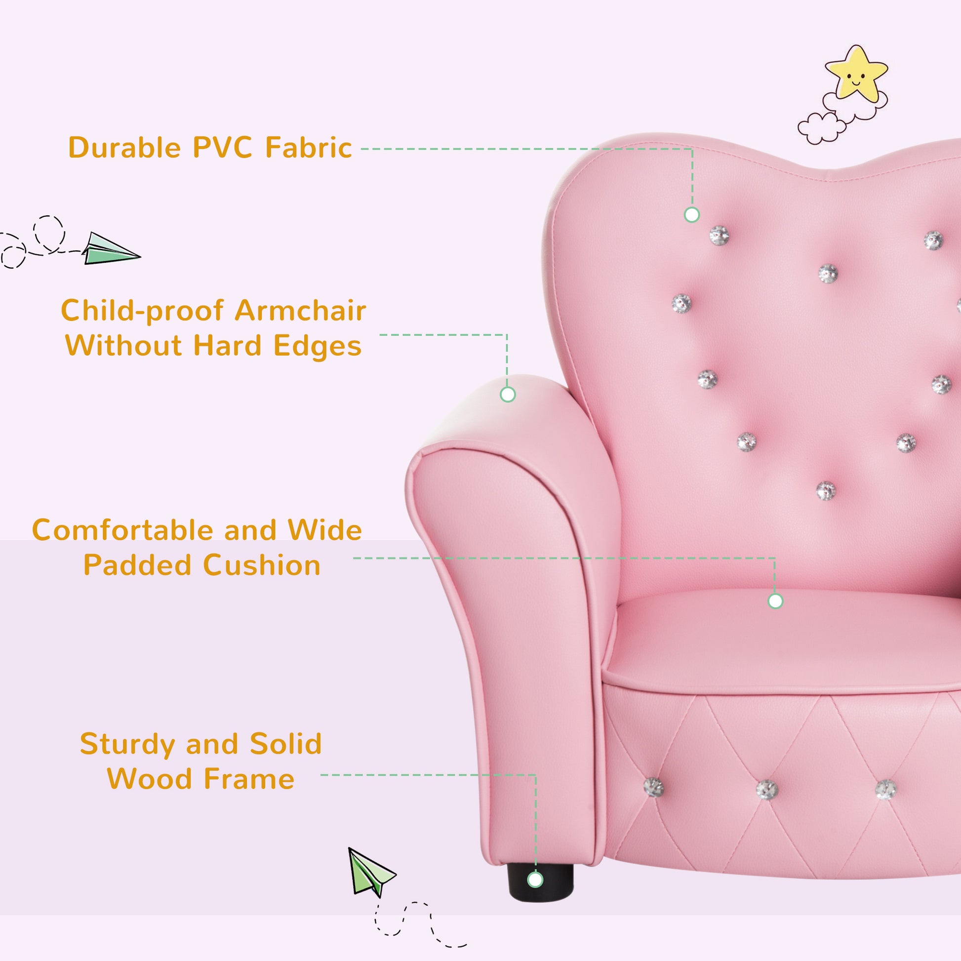 Qaba Kids Mini Princess Sofa Toddler Chair Children Upholstered Tufted Armchair Activity Couch Reclining Seat Boys Girls