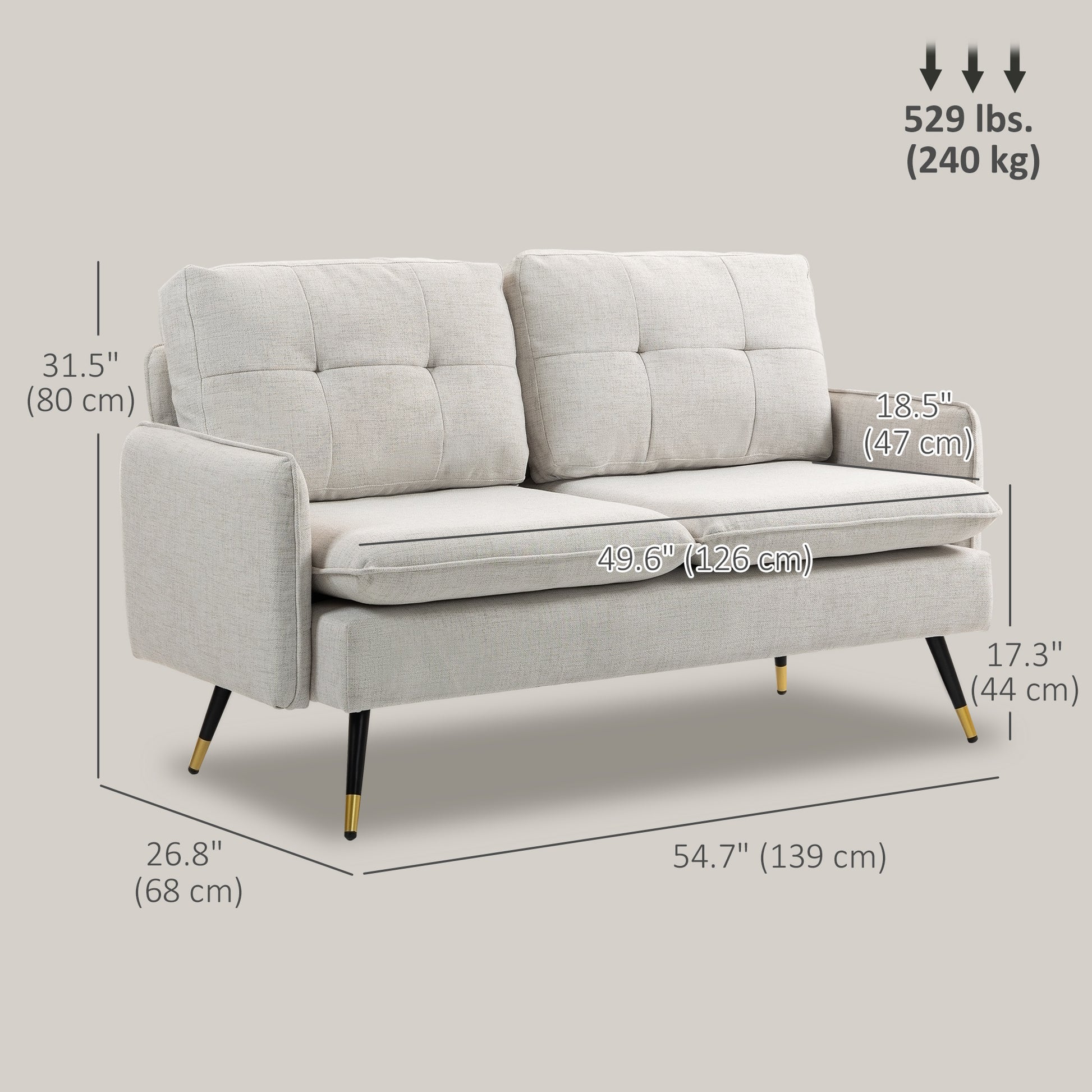55" Loveseat Sofa, Linen Love Seat w/ S spring, Steel Legs and Button Tufting, Small Couch for Living Room, Cream White