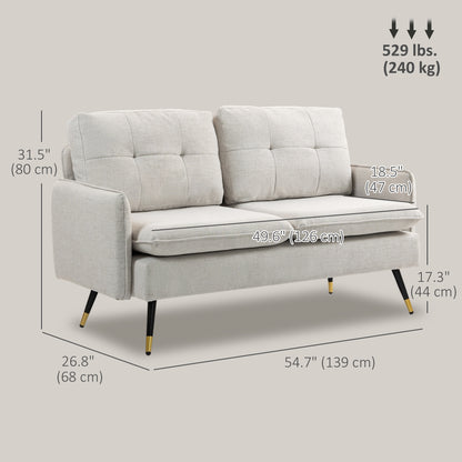 55" Loveseat Sofa, Linen Love Seat w/ S spring, Steel Legs and Button Tufting, Small Couch for Living Room, Cream White