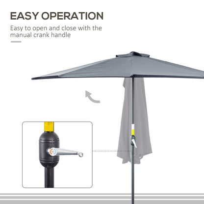 9ft Half Round Patio Umbrella, Outdoor Market Patio Table Umbrella Parasol with Crank Mechanism, 5 Ribs, Grey