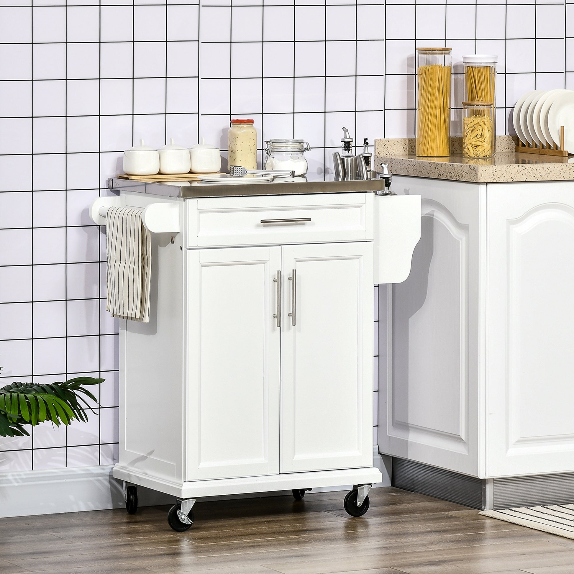 Kitchen Island with Stainless Steel Top, Rolling Kitchen Cart on Wheels with Storage Drawer, Cabinet, Towel Rack and Spi