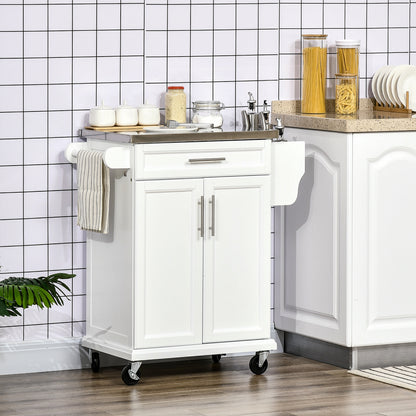 Kitchen Island with Stainless Steel Top, Rolling Kitchen Cart on Wheels with Storage Drawer, Cabinet, Towel Rack and Spi