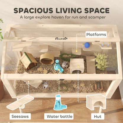 Wooden Hamster Cage, Hamster Habitat with Openable Top, Seesaws, Platforms, Water Bottle for Gerbils, 43.3"x20.5"x39.8"