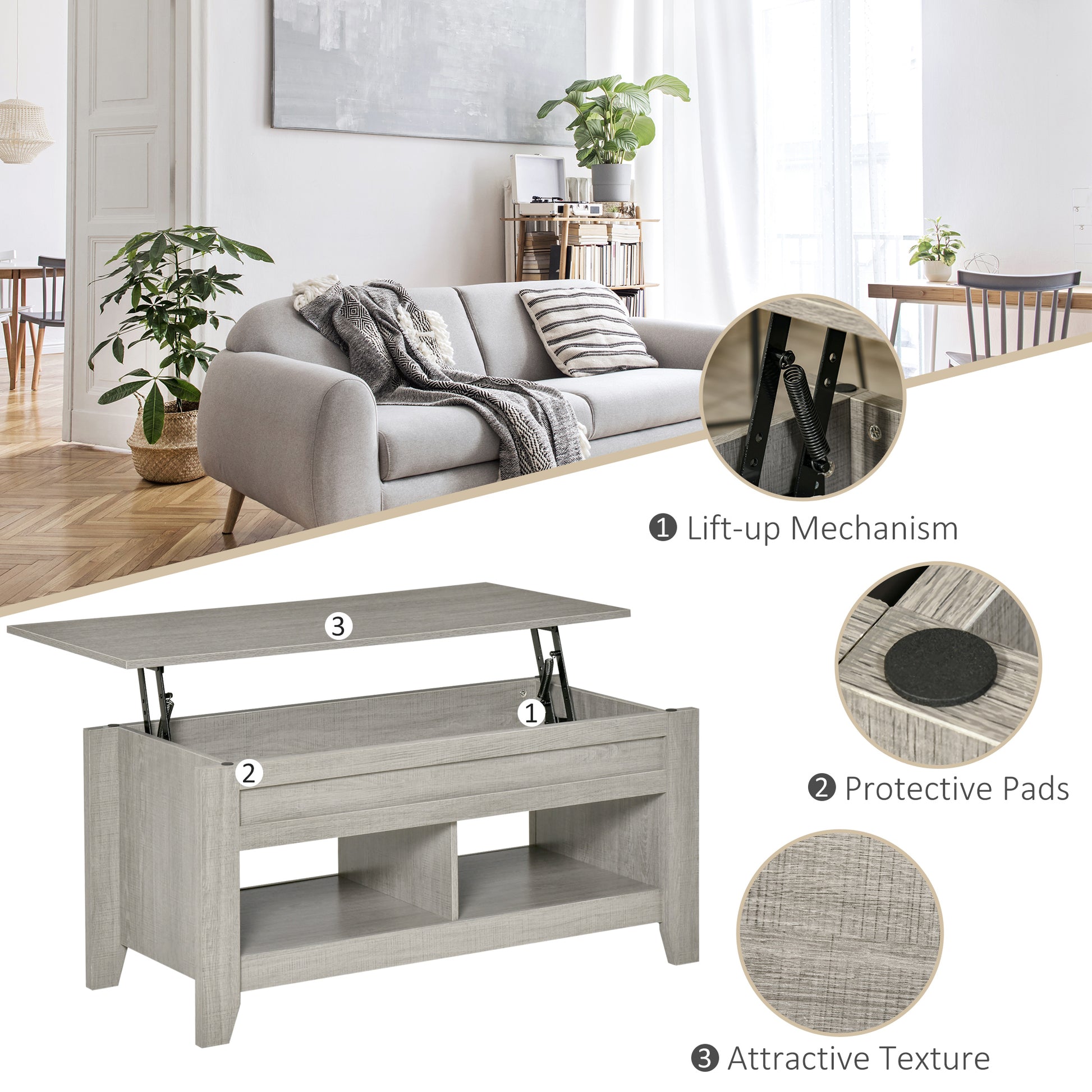 Lift Top Coffee Table with Hidden Storage Compartment and Open Shelves, Lift Tabletop Pop-Up Center Table for Living Roo
