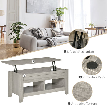 Lift Top Coffee Table with Hidden Storage Compartment and Open Shelves, Lift Tabletop Pop-Up Center Table for Living Roo