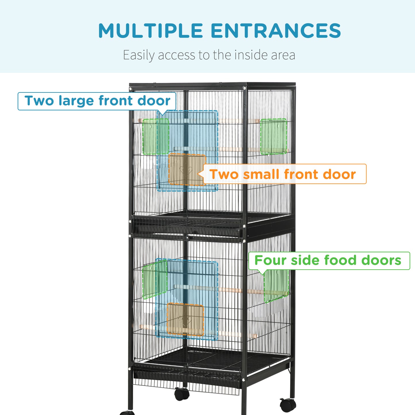 55.1" 2 In 1 Bird Cage Aviary Parakeet House for finches, budgies with Wheels, Slide-out Trays, Wood Perch, Food Contain