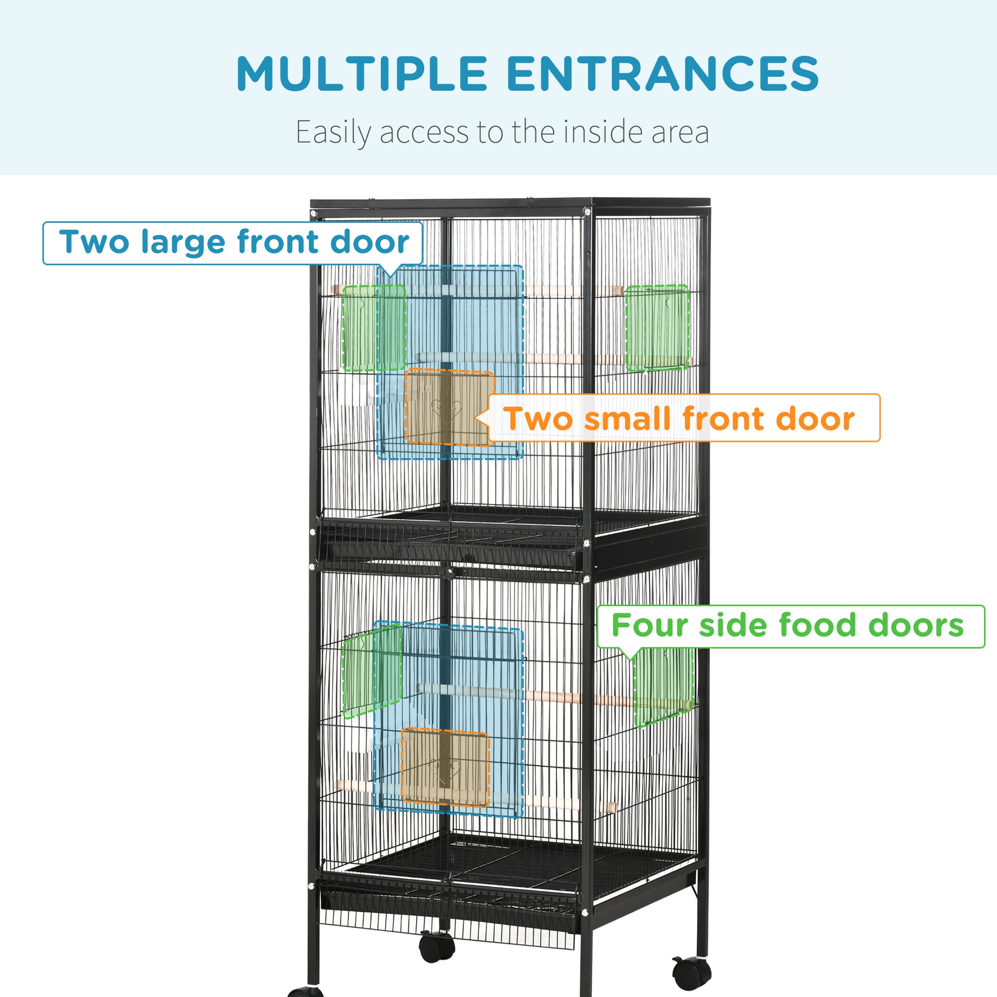 55.1" 2 In 1 Bird Cage Aviary Parakeet House for finches, budgies with Wheels, Slide-out Trays, Wood Perch, Food Contain