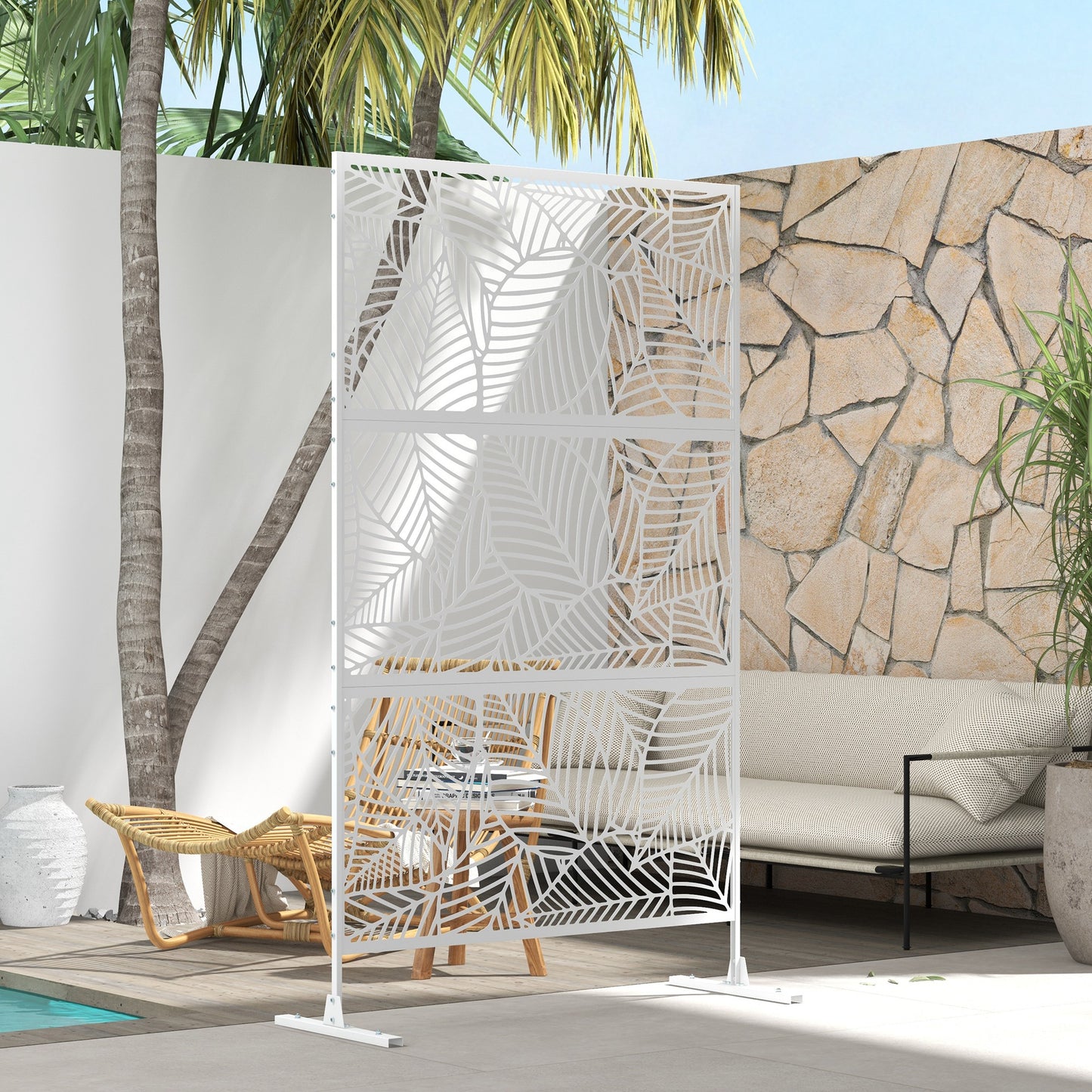 6.5FT Decorative Outdoor Divider, Metal Privacy Screen with Stand, Large Leaf Style, White