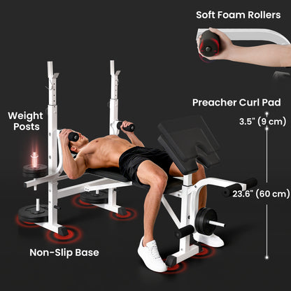 Soozier Bench Press Set Adjustable Weight Bench with Squat Rack, Preacher Curl Pad, Leg Developer and Weight Storage, Wh