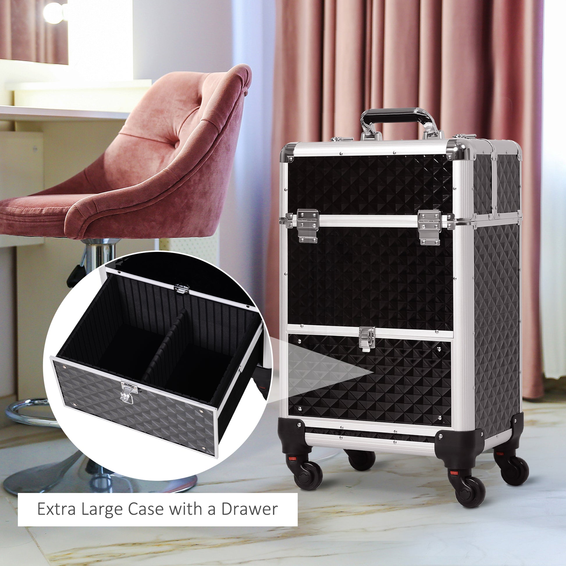 Portable Aluminum Makeup Train Cases, Rolling Makeup Case, Salon Beauty Cosmetic Jewelry Organizer Trolley with 4 Wheels