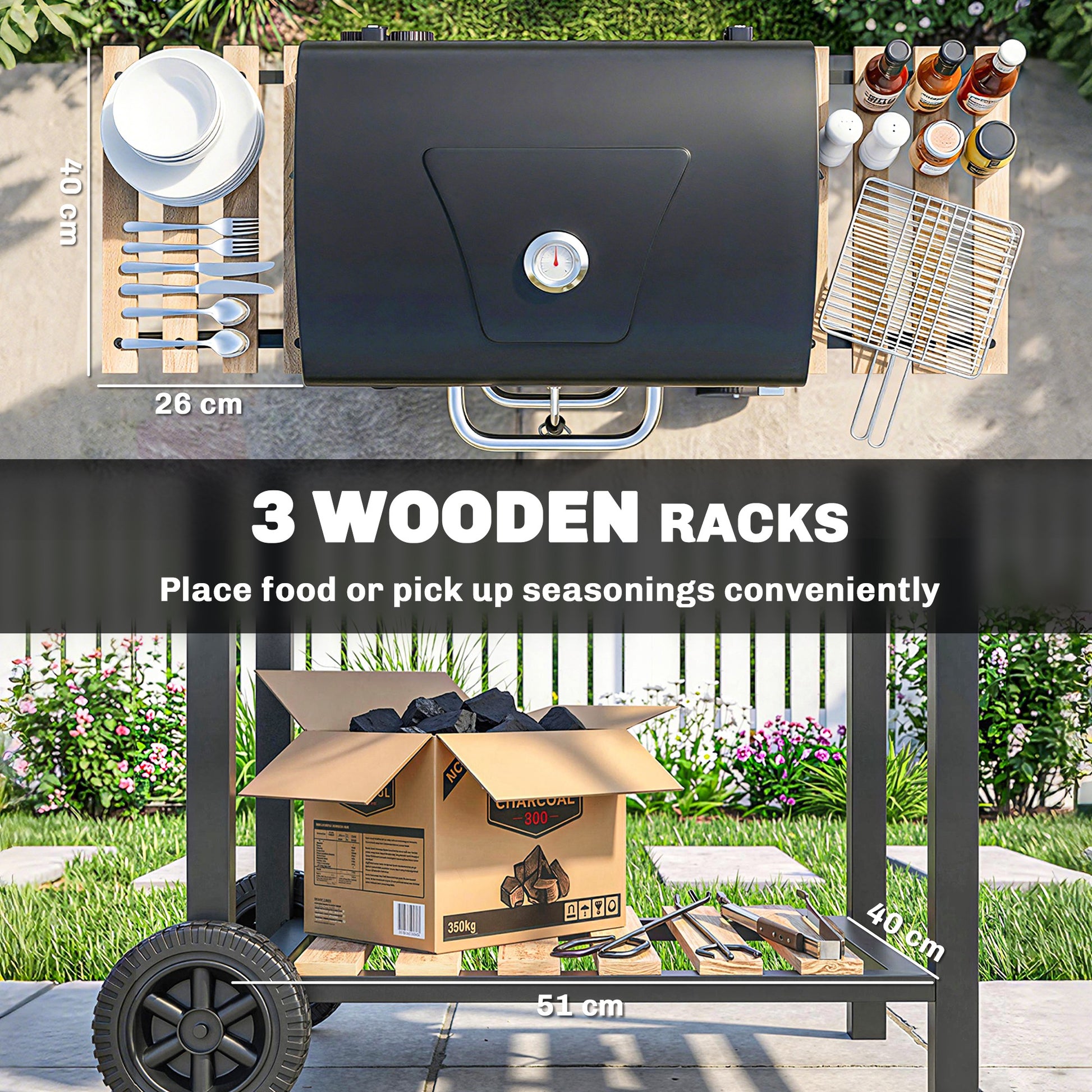 20" Charcoal BBQ Grill Barbecue on Wheels with Adjustable Charcoal Pan, Spacious Cooking Area, 3 Shelves, Thermometer