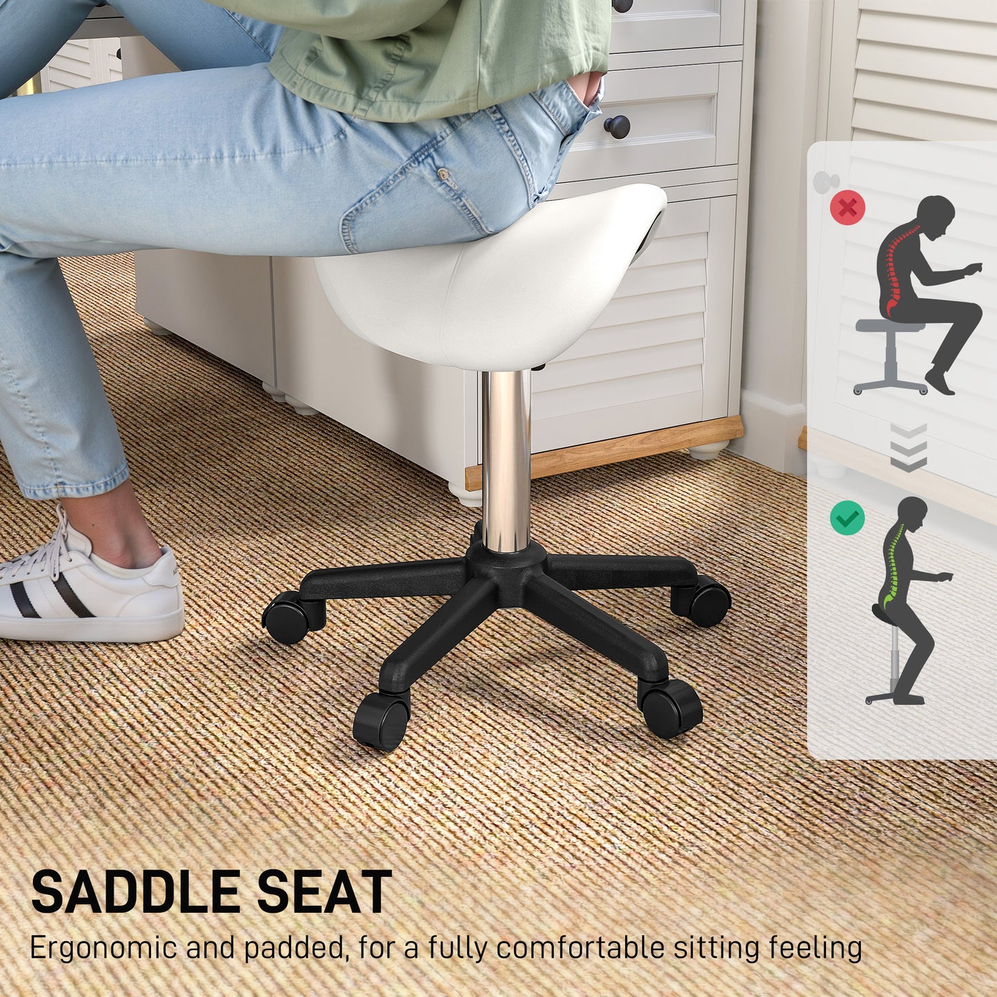 Saddle Stool, Adjustable Rolling Stool, White