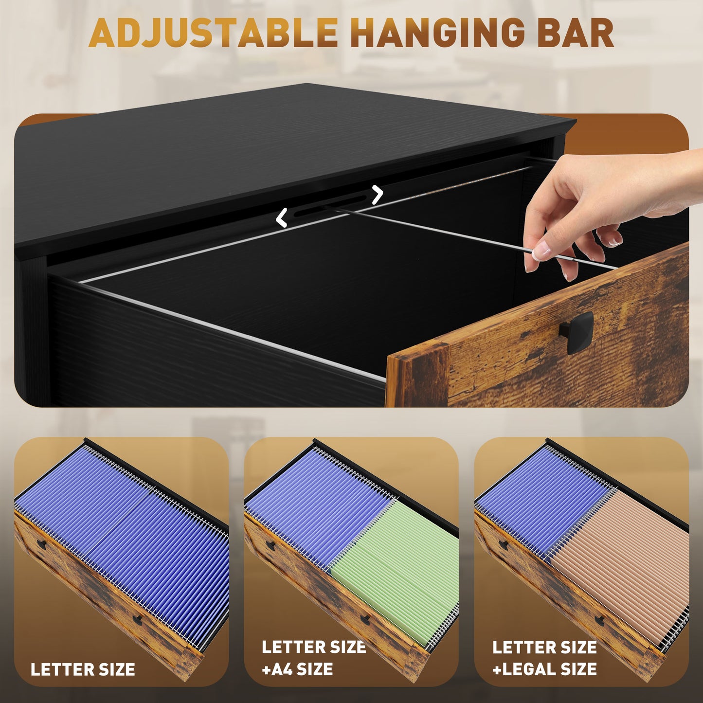 2 Drawer File Cabinet, Lockable Filing Cabinet with Adjustable Hanging Bar for Letter, A4 Size, Rustic Brown
