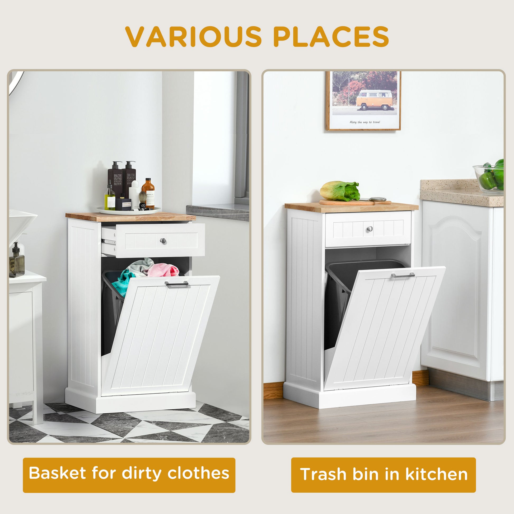 Kitchen Tilt Out Trash Bin Cabinet, Free Standing Recycling Cabinet, Trash Can Holder with Drawer, White
