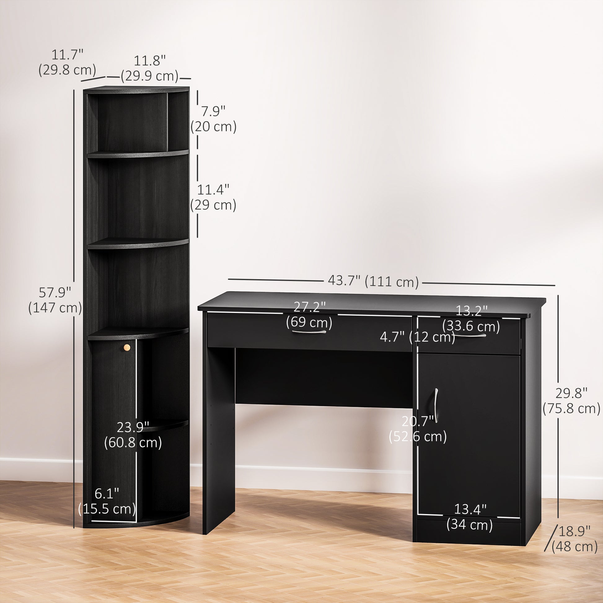Computer Desk and Bookcase Set, Study Table with Adjustable Shelf, Bookshelf with Open Compartments and Cabinet, Black