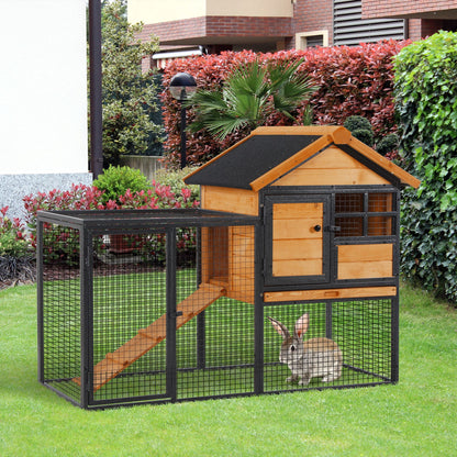 Rabbit Hutch Outdoor, 48"L Large Wooden Bunny Cage with Run, Bite-Resistant Metal Frame, Removable Plastic Tray, Asphalt