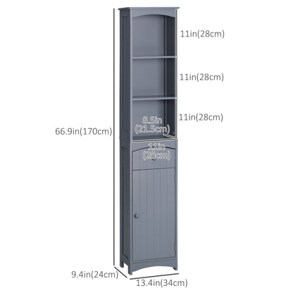 Bathroom Storage Cabinet, Tall Linen Tower with 3-Tier Shelves and Drawer and Door, Grey