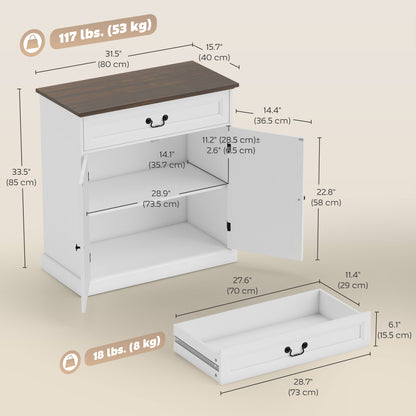 Buffet Cabinet, 32" Farmhouse Sideboard with Thick Top, Quiet Drawer and Adjustable Shelf, White Wood Grain
