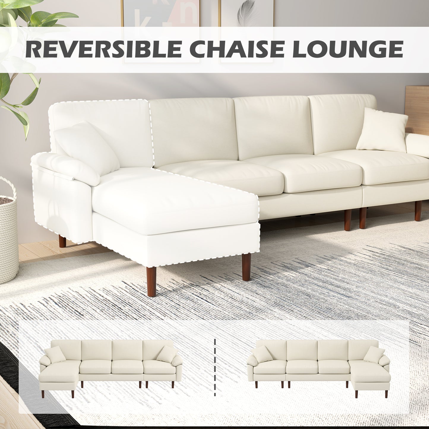 L-Shape Sofa, Modern Sectional Couch with Changeable Chaise Lounge, Pillows and Wooden Legs for Living Room, Cream White