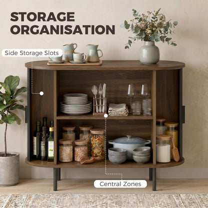 Sideboard Buffet Cabinet with Curved Tambour Doors and Storage, Brown Wood Grain