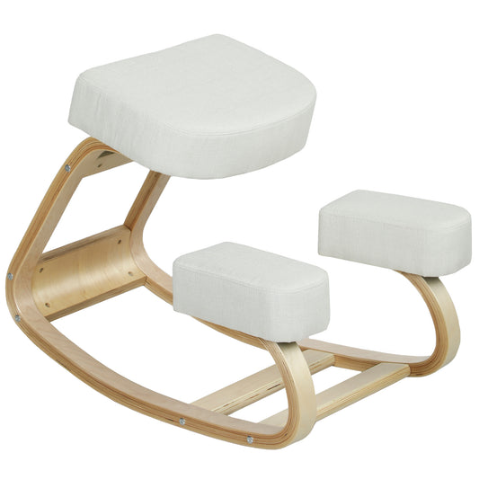 Ergonomic Kneeling Chair, Wood Kneel Stool with Thick Pads, Desk Knee Chair, Improve Posture, Cream White