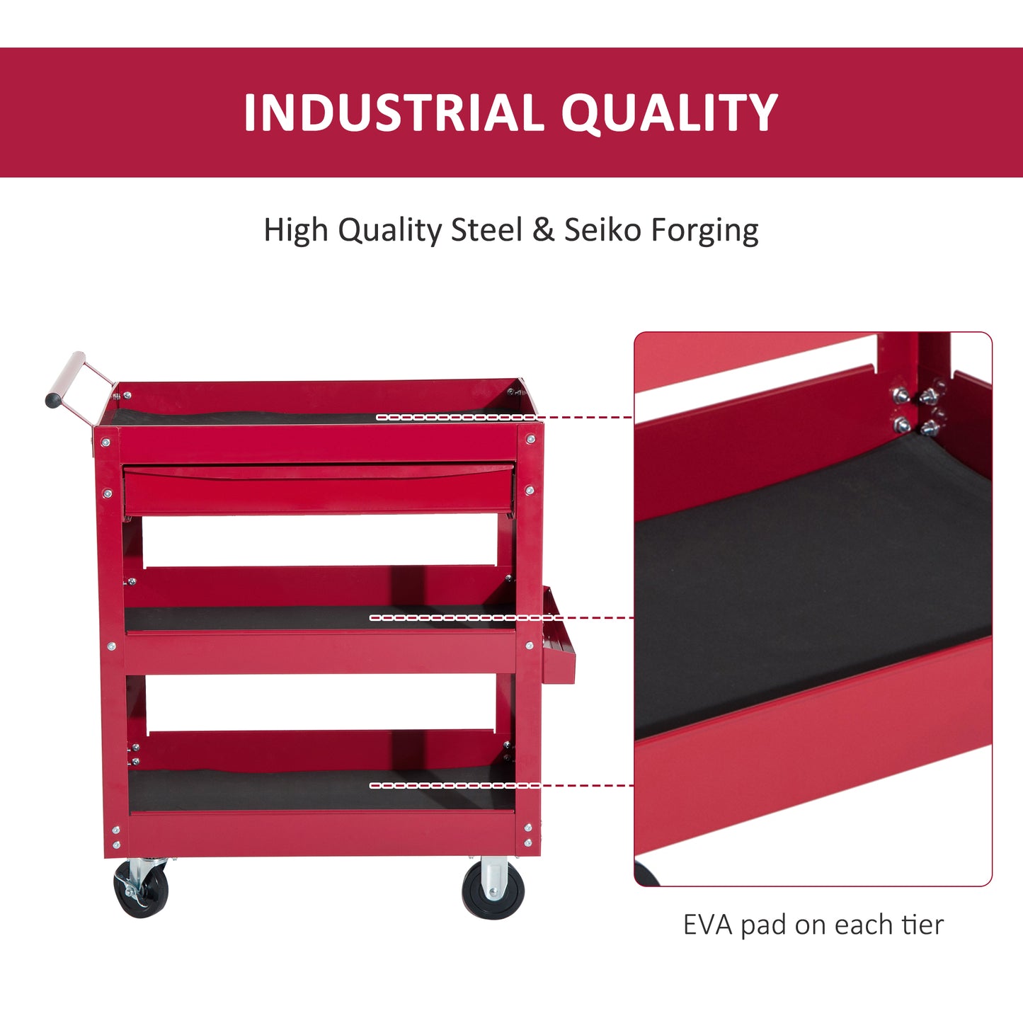 3-Tier Rolling Tool Cart with Drawer and Side Box, 132 LBS Capacity Steel Utility Cart, Mobile Service Tool Organizer fo