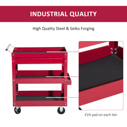 3-Tier Rolling Tool Cart with Drawer and Side Box, 132 LBS Capacity Steel Utility Cart, Mobile Service Tool Organizer fo