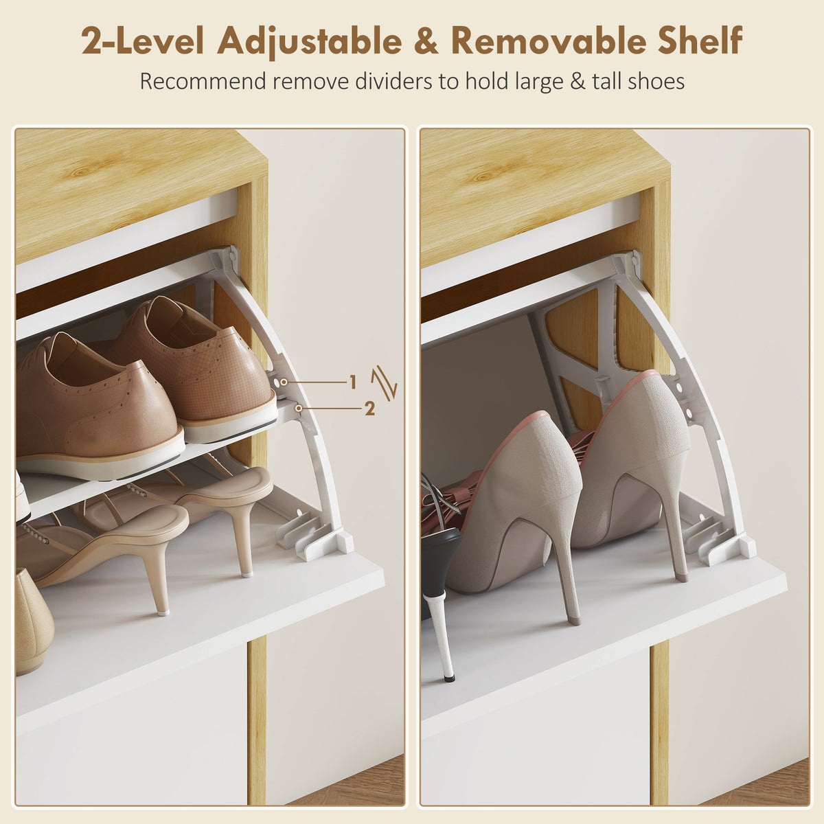 Narrow Shoe Cabinet, High Gloss Shoe Storage Cabinet with 2 Flip Drawers and Adjustable Shelves, Holds 16 Pairs, White