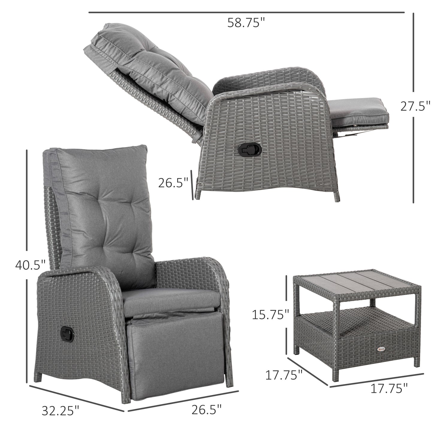 3 Pieces Patio Wicker Bistro Set, PE Rattan Coffee Table & Adjustable Recline Chairs Furniture Set with Cushions and Woo