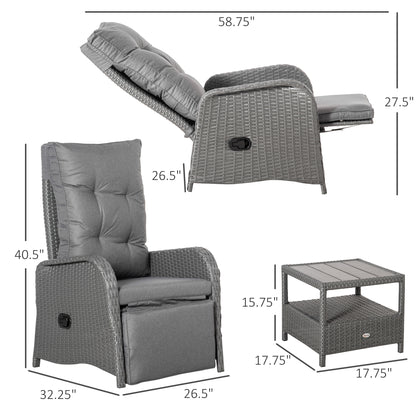 3 Pieces Patio Wicker Bistro Set, PE Rattan Coffee Table & Adjustable Recline Chairs Furniture Set with Cushions and Woo