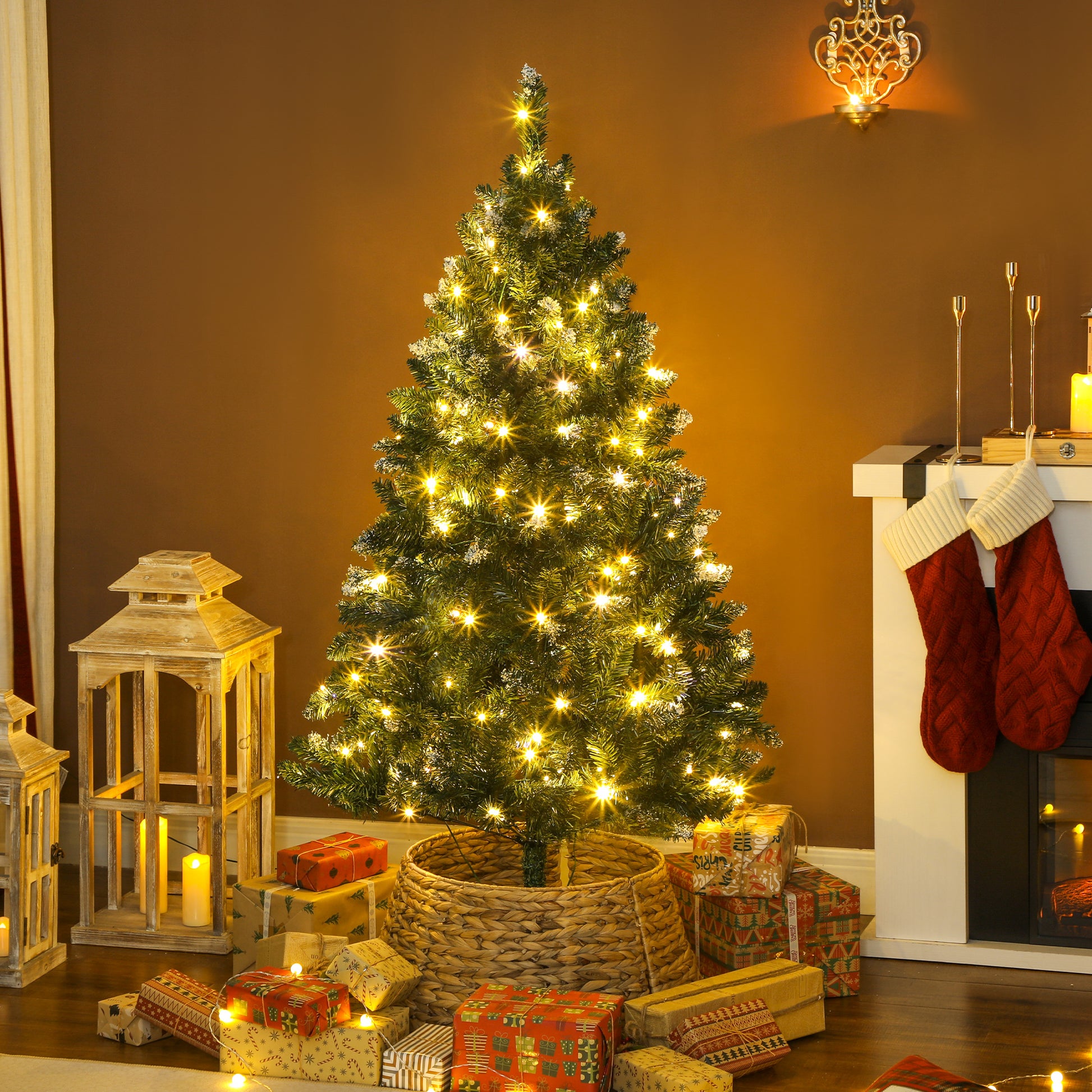 5 ft Frosted Prelit Christmas Tree, Full Spruce Xmas Tree with Dual Colour LED Light, Hinged Xmas Tree, Easy Assembly
