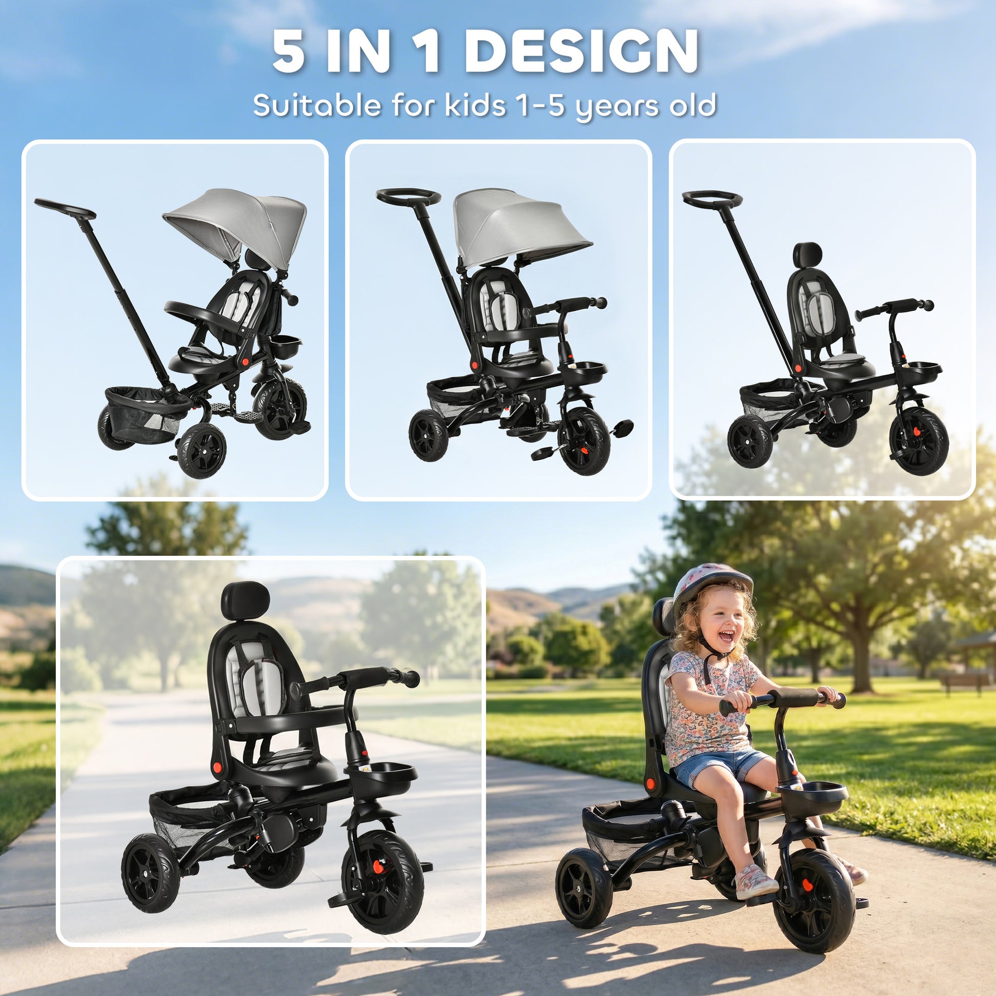 Qaba Tricycle for Toddler 5 in 1 Kids Trike, Foldable Converts Stroller to Toddler Bike, Adjustable Backrest & Curved Ca