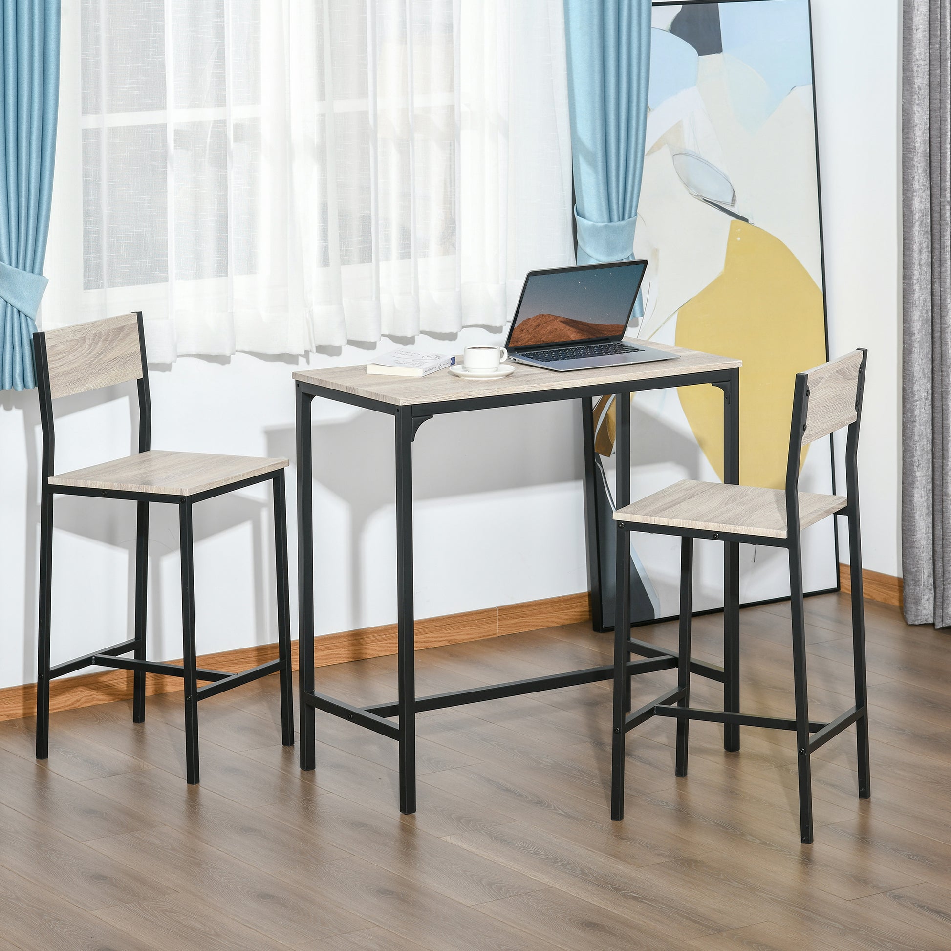 Industrial Bar Table Set Counter Height 3 Piece and 2 High Back Stools Set Dining Table Set Natural Wood
