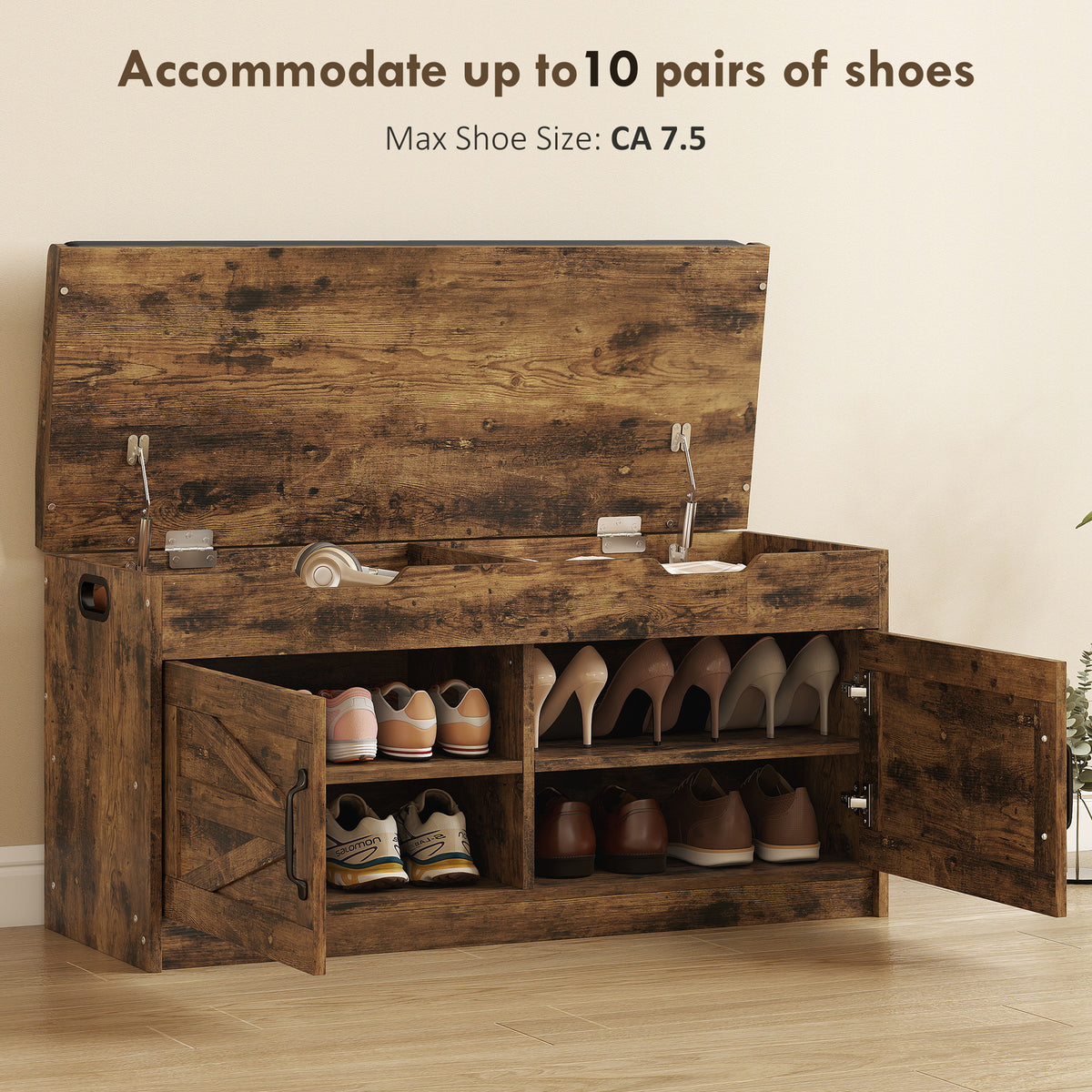 Shoe Storage Bench, Entryway Bench with 2-Tier Cabinet, Flip-Top Storage, Padded Cushion for Hallway, Rustic Brown