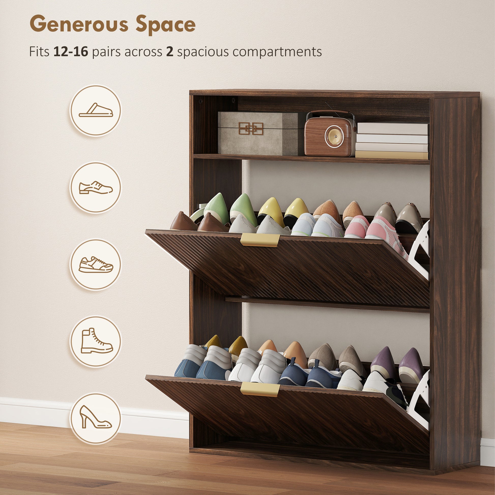 Shoe Cabinet with 2 Flip Drawers Narrow Shoe Storage Cabinet with Top Shelf for Entryway Hallway Coffee