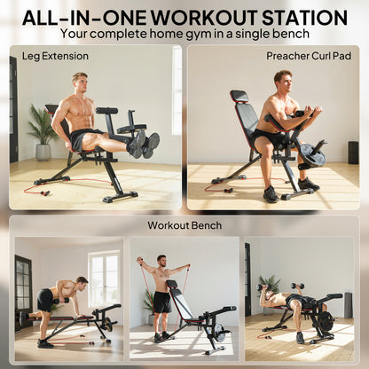 Soozier Adjustable Weight Bench with Wheels, Load 660LBS Workout Bench with Leg Extension, Preacher Curl and Resistance 