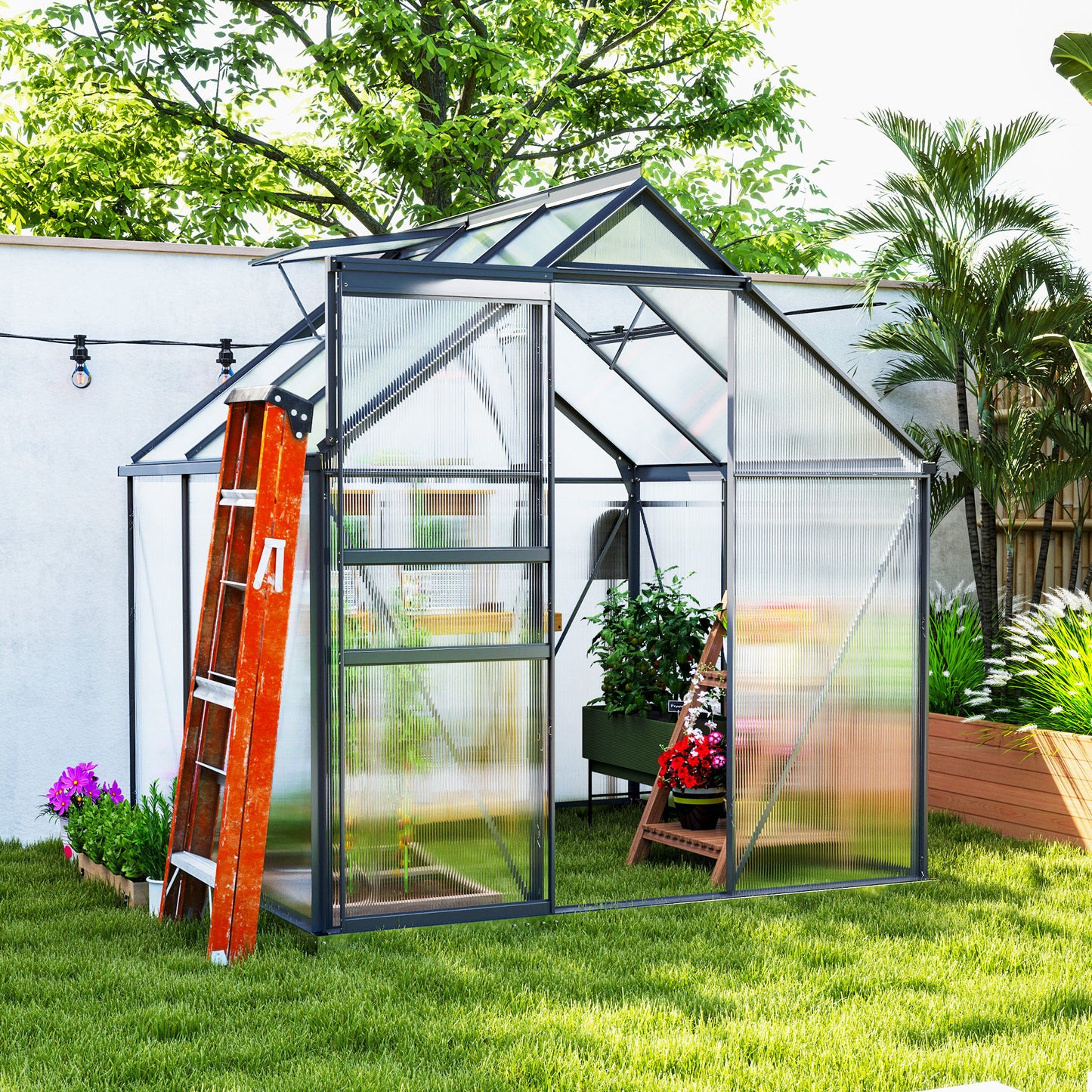6' x 6' x 6.5' Polycarbonate Greenhouse, Walk-in Green House with Adjustable Roof Vent Galvanized Base Sliding Door Rain