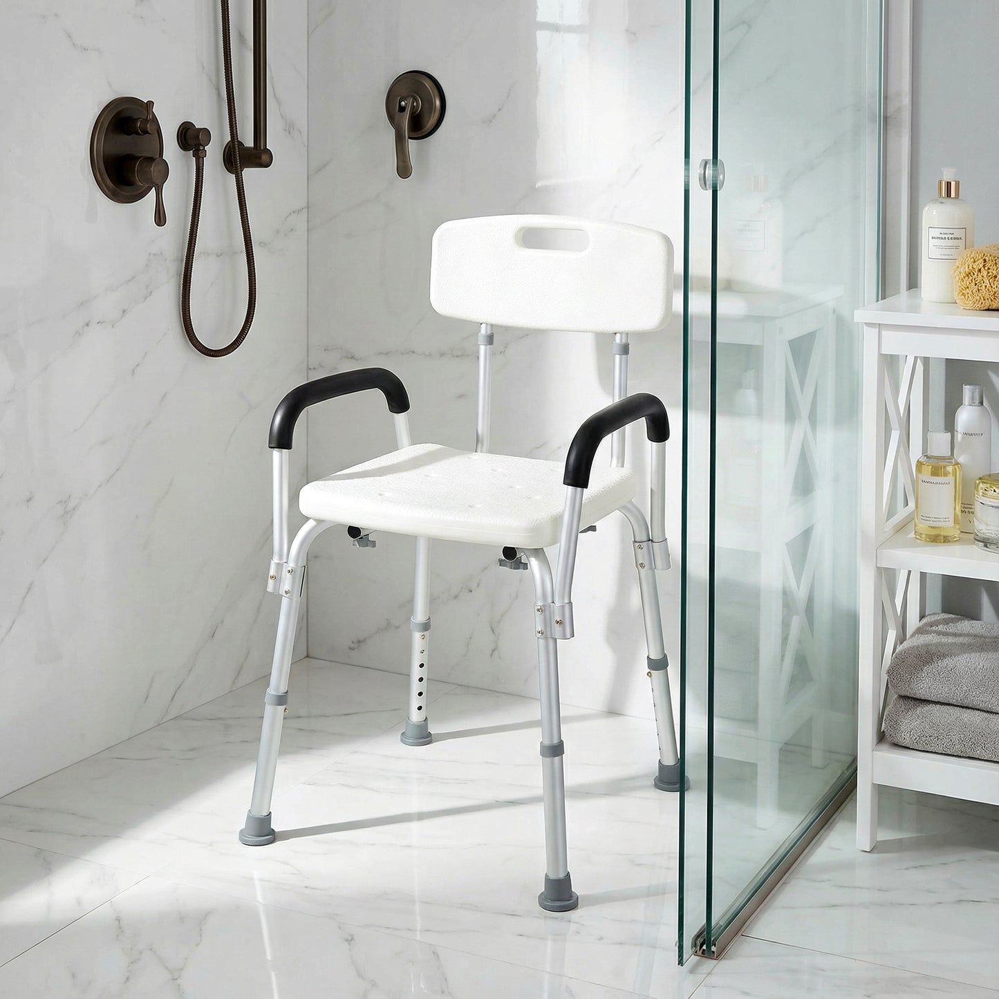 Adjustable Medical Shower Chair with Back, Bathtub Bench Bath Seat with Padded Arms, Non Slip Tub Safety for Disabled, S