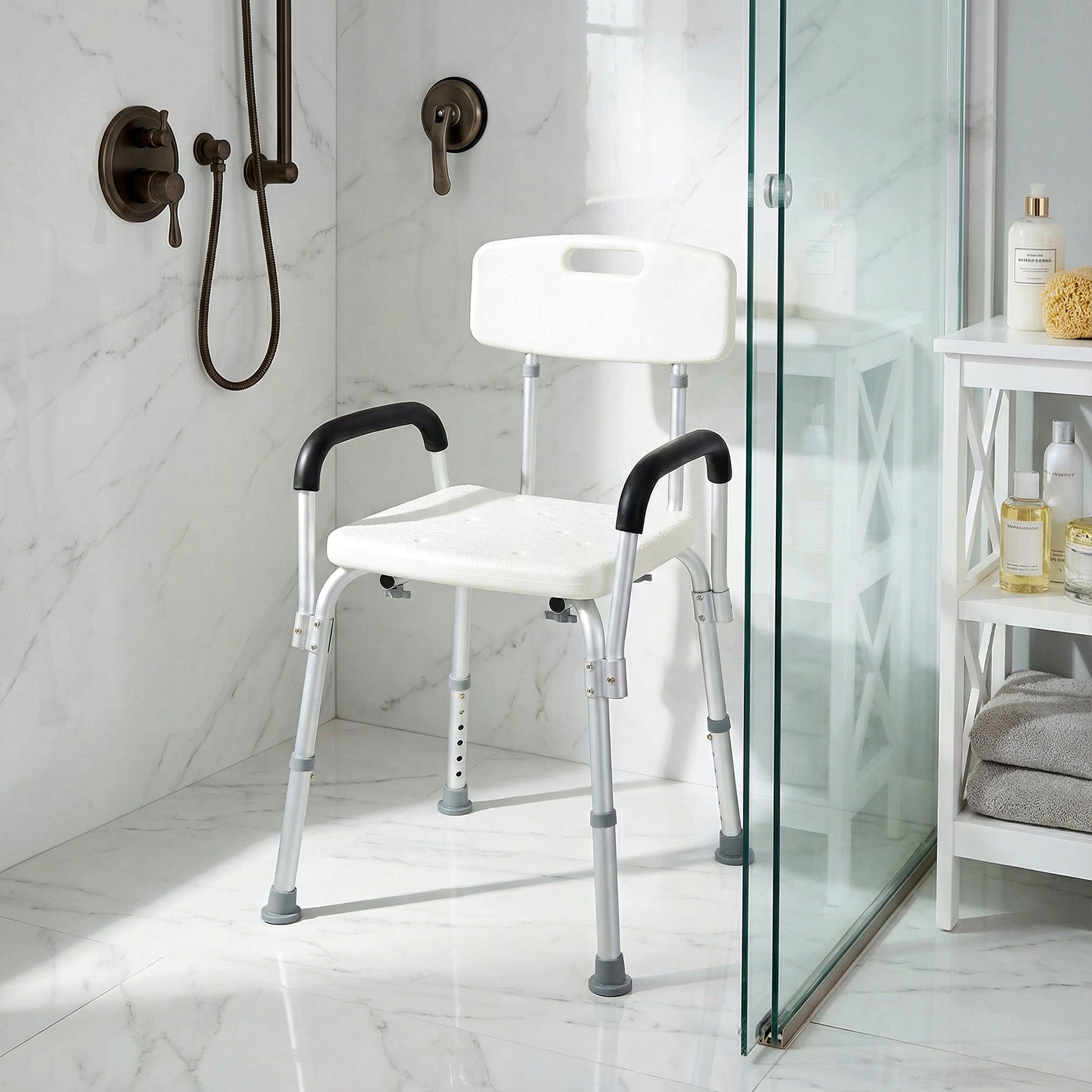 Adjustable Medical Shower Chair with Back, Bathtub Bench Bath Seat with Padded Arms, Non Slip Tub Safety for Disabled, S