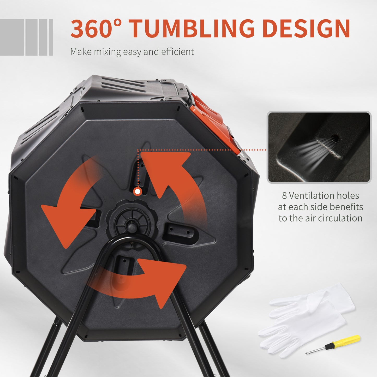 Tumbling Compost Bin Outdoor Dual Chamber 360° Rotating Composter 43 Gallon with Sliding Doors, Orange