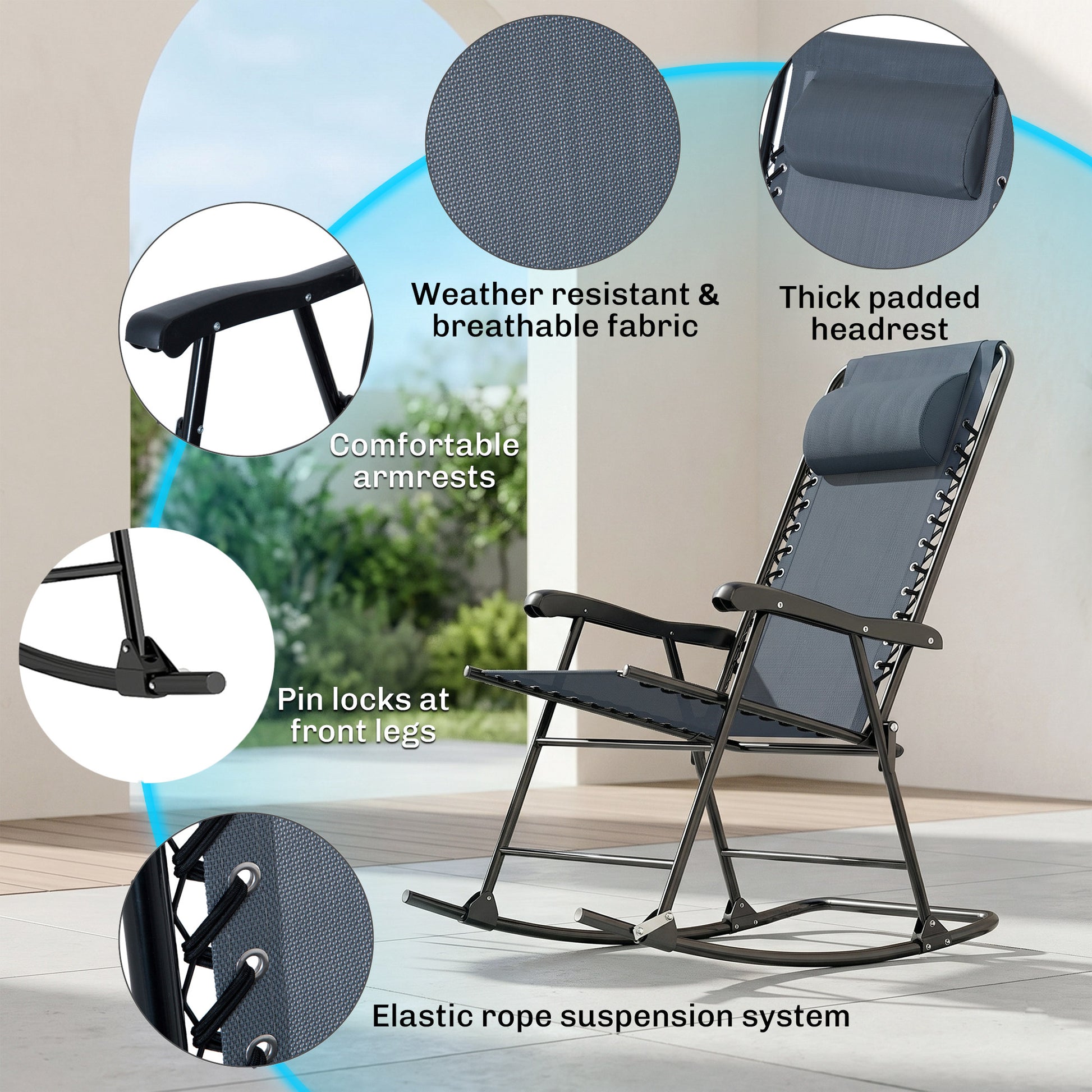 3pc Patio Rocking Chair Set, Folding Outdoor Rocking Chairs and Table Bistro Set w/ Breathable Mesh Seat & Backrest, Hea