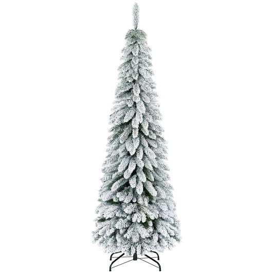 6' Artificial Slim Flocked Christmas Trees, with Snow Frosted Branches, Downswept Shape, Steel Base