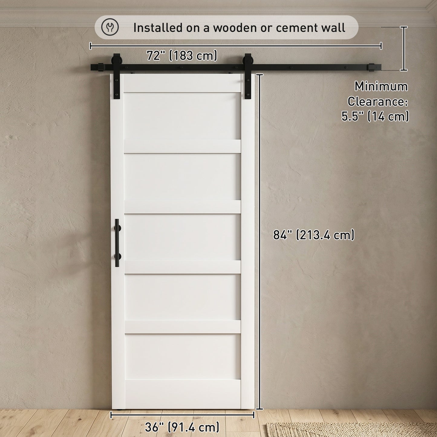 36"x84" Sliding Barn Door with Hardware Kit, Shaker Style Sliding Door with Handle, Track, Floor Guide, White Wood Grain